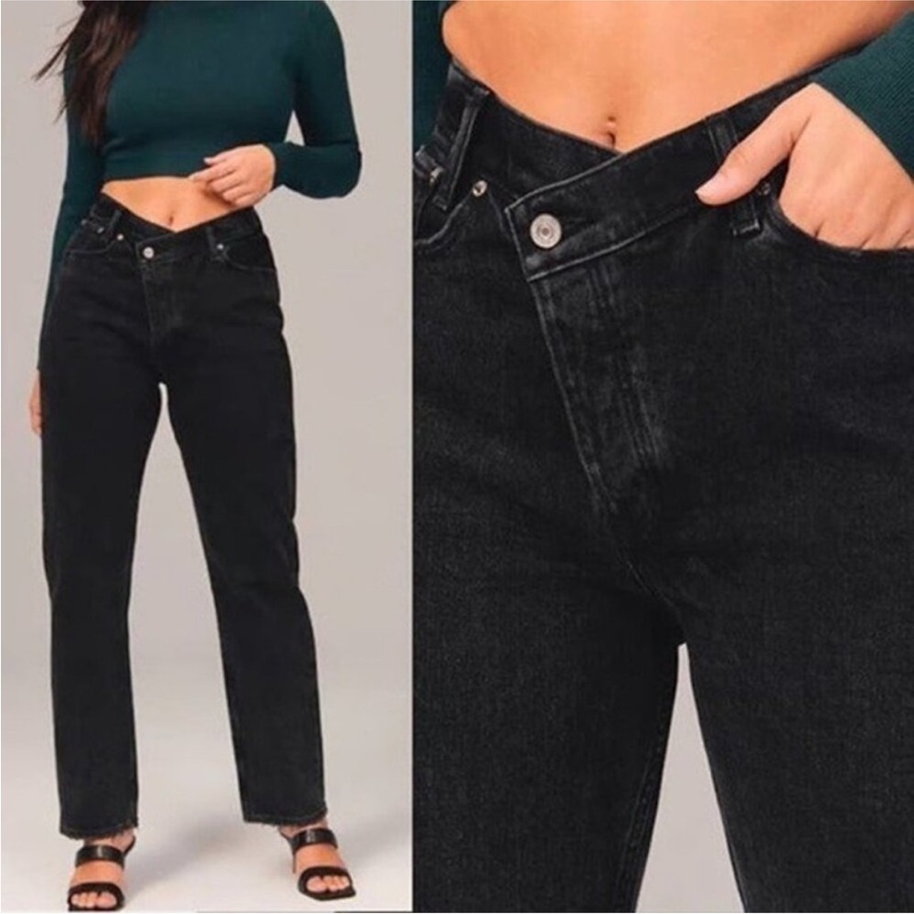 Abercrombie & Finch Black The Dad Highrise Jeans Crossover Front Size 6 Long - Picture 2 of 11